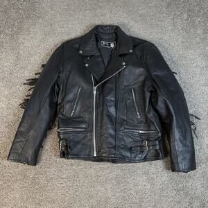 Vintage BLL Motorcycle Jacket Mens 44 Black Punk Leather Fringe Buckle